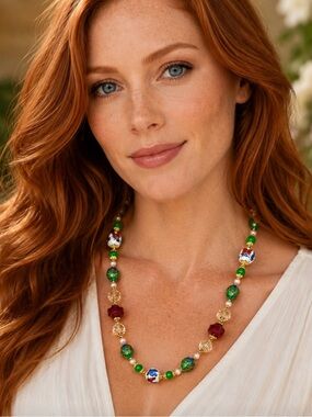 ARTISAN Hand-Painted Butterfly Export Beads, Cloisonné Ladybugs, & Jade Necklace